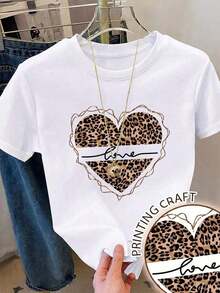 Women's Casual Round Neck Short Sleeve-Shirt with Leopard Heart Print Regular Fit Polyester Top blusas para mujer playeras de mujer blusas casuales para dama - Blanco - Ver 3