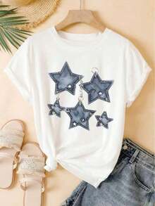 Graphic New Women's Crew Neck T-Shirt, Short Sleeve, Loose Fit, Casual And Versatile With Star Print, Soft Fabric And Good Drape. Summer Top Crew Neck - Blanco3 - 查看 8