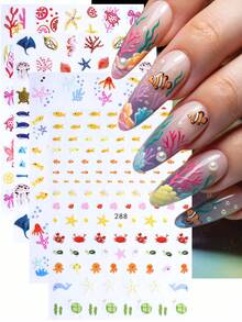 3D Cartoon Summer Nail Stickers 4pcs Cute Fish Jellyfish Sea Turtle Dolphin Seashell Tropical Hibiscus Flower Ocean Animal Design DIY Kawaii Self-Adhesive Gel Polish Decal Slider Nail Art Decoration Nail Supplies - Multicolor - View 1
