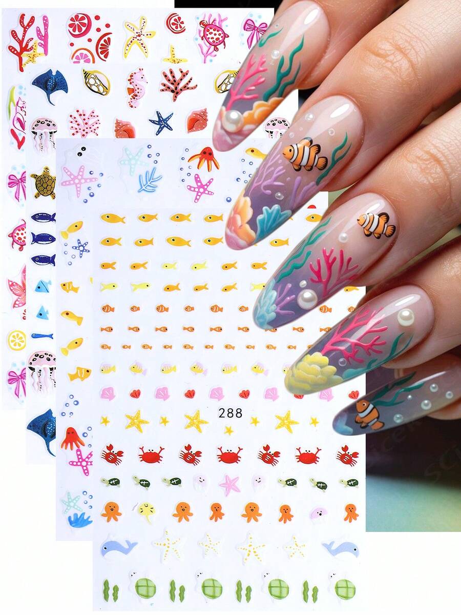 3D Cartoon Summer Nail Stickers 4pcs Cute Fish Jellyfish Sea Turtle Dolphin Seashell Tropical Hibiscus Flower Ocean Animal Design DIY Kawaii Self-Adhesive Gel Polish Decal Slider Nail Art Decoration Nail Supplies - Multicolor - View 1