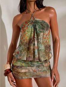 Vestido mini de mujer con estampado de malla de punto y cuello halter, primavera/verano - Multicolor 2 - Ver 12