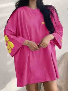 Camiseta holgada de manga larga con cuello redondo y estampado de letras para mujer, de estilo casual y suelto para el verano - Rosa Fucsia - Ver 2
