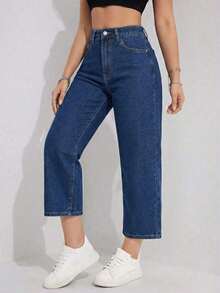 Jeans rectos de pierna ancha casual lavados para mujer - Azul lavado oscuro - Ver 4