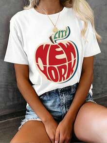 Women's Casual Vintage New York City Print T-Shirt, Short Sleeve Round Neck Top, Bold Red And Blue Letter Print On Black Background, Perfect For Spring And Summer, Women's Everyday T-Shirt, Eye-Catching T-Shirt. - 白色 - 查看 1