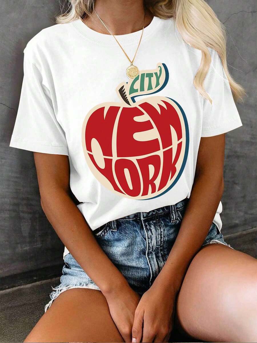 Women's Casual Vintage New York City Print T-Shirt, Short Sleeve Round Neck Top, Bold Red And Blue Letter Print On Black Background, Perfect For Spring And Summer, Women's Everyday T-Shirt, Eye-Catching T-Shirt. - 白色 - 查看 1