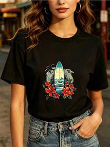 1 pieza clásica y versátil, camiseta de manga corta de algodón puro con cuello alto, ideal para usar en todas las estaciones. Estilo aloha femenino de 180 gramos con un toque de surf, estilo moderno - Negro - Ver 1