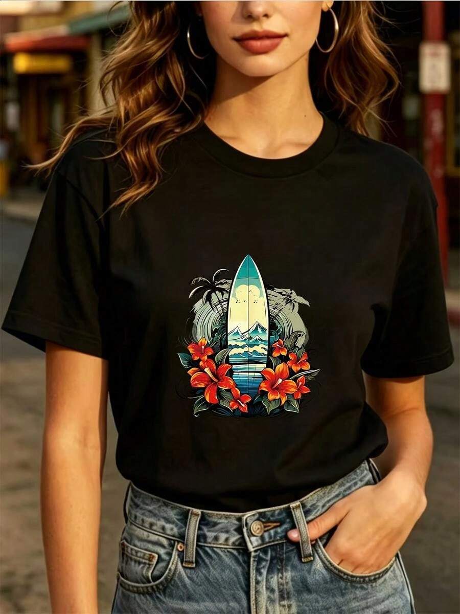 1 pieza clásica y versátil, camiseta de manga corta de algodón puro con cuello alto, ideal para usar en todas las estaciones. Estilo aloha femenino de 180 gramos con un toque de surf, estilo moderno - Negro - Ver 1