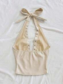 WYWH Top sin mangas con cuello en V, decorada con lazo y terciopelo, adecuada para otoño/invierno, vacaciones, citas, té de la tarde, vacaciones, festivales de música, estilo bohemio, playa - Albaricoque - Ver 2