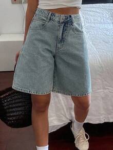 Shorts vaqueros tipo bermuda de talle regular, estilo casual de calle, sueltos, shorts vaqueros de verano - Lavado ligero - Ver 5