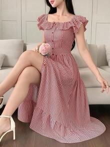 Vestido de tirantes, con volantes, estampado floral diminuto, con cuello de pico, estilo para ir al trabajo, vestido largo - Burdeos - Ver 2
