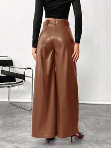 Pantalones de piel lisos con botón delantero, pantalones casuales minimalistas para mujer, para uso diario, prendas inferiores para mujer - Marrón - Ver 5