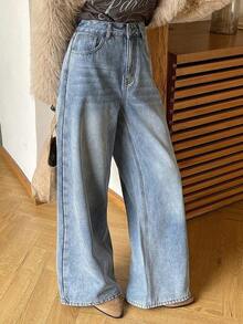 Jeans rectos de cintura alta y holgados que estilizan, minimalistas y versátiles, pantalones cómodos de longitud tobillera para mujeres - Azul - Ver 6