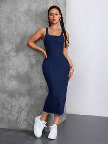 Tall Vestido midi de jean de manga hombros abierta, cuello cuadrado, ajustado y entallado para fiesta y vacaciones - Azul lavado oscuro - Ver 3