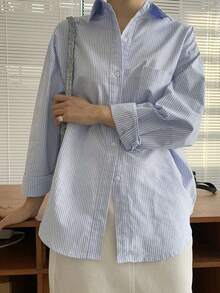 Camisa de manga larga con bolsillo y hombros caídos a rayas verticales, ropa de otoño - Azul y blanco - Ver 9