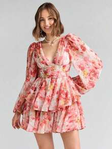 Vestido de verano elegante para mujer con mangas de linterna y estampado floral en todo el vestido - Rojo - Ver 8