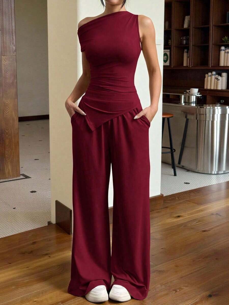 Set de 2 piezas de mujer con top de cuello asimétrico en unicolor y pantalones con bolsillos tejidos - Burdeos - Ver 1