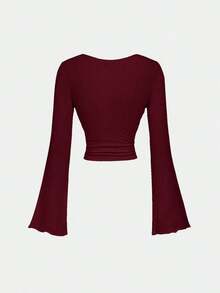 Conjunto de camiseta de manga larga ajustada con cuello de volantes, mangas acampanadas y plisadas en 3 colores - Rojo y negro - Ver 4