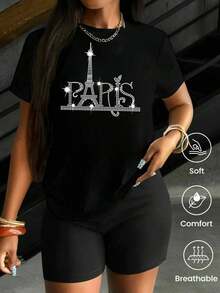 Fashionable Short-Sleeved T-Shirt For Spring And Summer 2026, Made In Mexico, 180 Grams. Cartoon Print, Couple Design, Suitable For Indoor Or Outdoor Wear. Crew Neck, Unisex, For Office And Leisure. One-Piece Pack. Women's Blouses, Women's T-Shirts, Casual Blouses For Ladies - 黑色 - 查看 1
