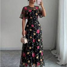 Elenzya Mesh Embroidered Floral Leaf Print Short Sleeve Elegant Casual Zip-Up Long Dress For Women - Multicolor - Ver 9