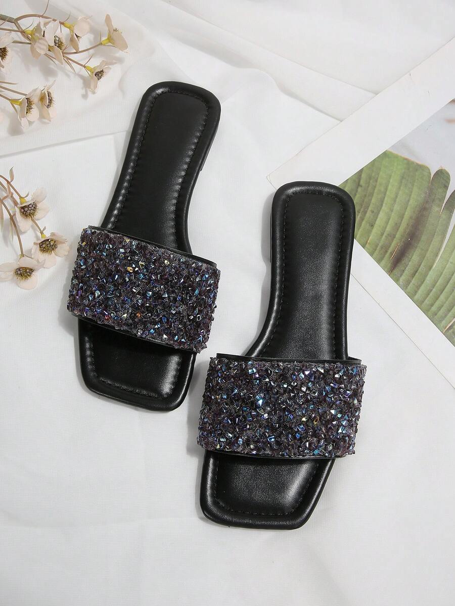 1 Pair Plus Size AB Color Gray, Rhinestone Embellished Slippers. Elegant And Fashionable With Rhinestones, Solid Color Chic Elegant Party New Luxury Non-Slip Outdoor Holiday Beach Comfortable Versatile Rhinestone Pearl Flat Open Toe Indoor Outdoor 41-43 Daily Wear Women's Plus Size Slides - Black - View 1