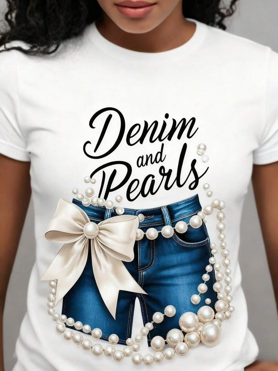 Camiseta de Mezclilla Talla Grande para Mujer con Perla y Lazo de Flecos - Top de Manga Corta Estilo Vaquero Occidental, Cuello Redondo Transpirable, Camisa Casual Lavable a Máquina para Looks Diarios o Eventos de Tema Occidental - Blanco - Ver 1