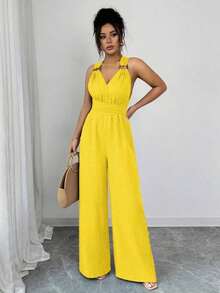 Mono de pierna ancha con cuello en V y cintura anudada, azul, mono para mujer, conjunto casual de verano para damas - Amarillo - Ver 4