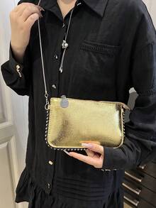 Women's Beaded Chain Strap Crossbody Bag, Retro Colorful Laser Holographic Metallic Envelope Clutch Purse - Rose Gold - View 3