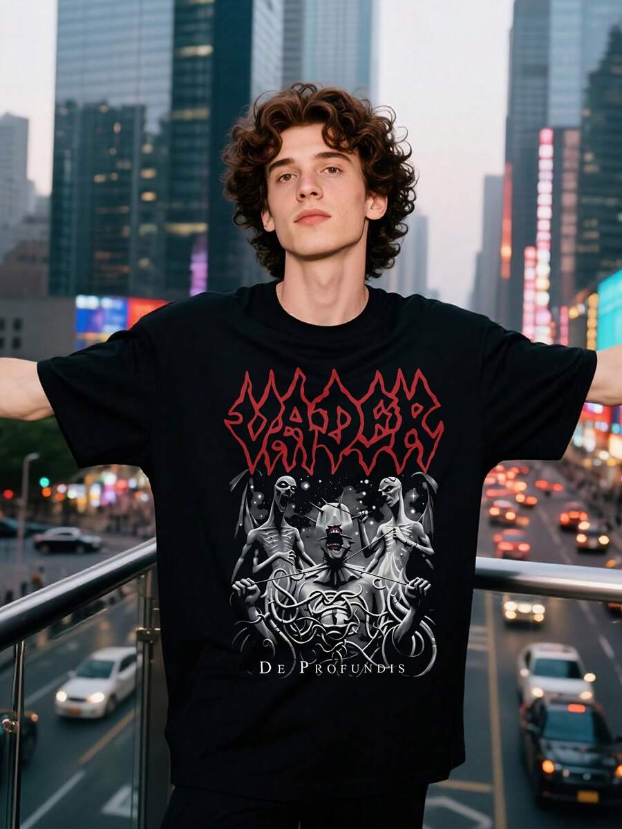 Camiseta de Heavy Metal para Hombre - Camiseta con Diseño del Álbum 'Vader De Profundis' de Gothic Demon - Camiseta Vintage de una Banda Polaca - Negra con Texto Gótico Rojo - Camiseta de Concierto Lavable a Máquina - Camiseta Holgada y Transpirable para Metalheads y Festivales - Negro - Ver 1