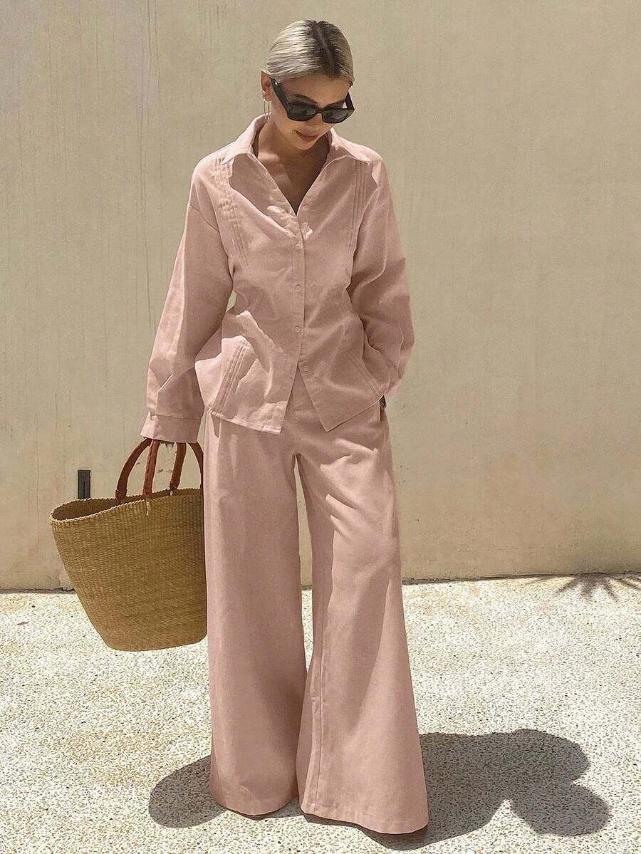 Conjunto informal de mujer con camisa plisada de unicolor y pantalones de pierna ancha - Rosa vieja - Ver 1
