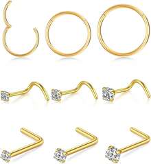 Opal Nose Ring Studs Horseshoe Nose Rings Hoops Stud 316L Stainless Steel Nose Rings Round CZ Square Screw L Shaped Nose Stud Hypoallergenic Nostril Piercing Jewelry For Women Men - 金色/9件套裝/G23鈦金/耳環和耳環套裝 - 查看 9