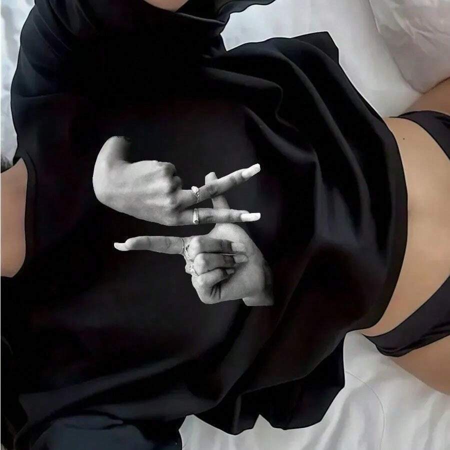 Camiseta holgada de verano con estampado artístico negro de estilo americano, moda europea y americana, top juvenil de manga corta. - Negro - Ver 1