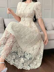 Vestido elegante de encaje de alta calidad con cintura ajustable, bordado, de estilo coreano suave y elegante - Albaricoque - Ver 8
