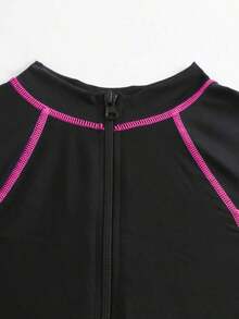 Bikinx Traje de baño de una pieza deportivo con cremallera frontal, manga larga, ajustado, con ribete de contraste de unicolor para vacaciones y playa en verano - Rosa Fucsia - Ver 10