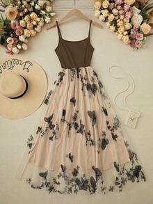 Vestido maxi de tirantes finos con contraste de malla con bordado de mariposa y flor, para vacaciones y playa, para mujer - Cafetería - Ver 6