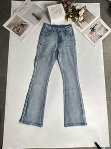 Jeans de campana con efecto lavado y desgastado de gato, estilo casual de vacaciones para mujer, primavera - Azul - Ver 6