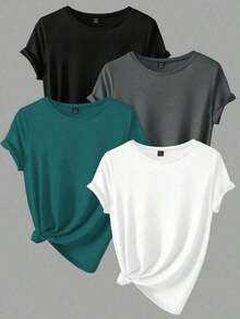 4 piezas Camisetas de manga corta de unicolor casual para mujeres - Multicolor 2 - Ver 4