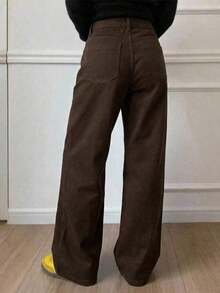 Jeans casuales de mujer de pierna ancha, unicolor, con bolsillo cargo suelto - Marrón 2 - Ver 4