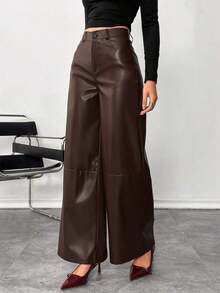 Pantalones de piel lisos con botón delantero, pantalones casuales minimalistas para mujer, para uso diario, prendas inferiores para mujer - Café integral - Ver 4