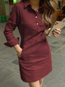 Vestido corto elegante de mujer con manga larga, estilo de moda casual con solapa y decoración de botones, para primavera y otoño - Rojo violeta - Ver 4