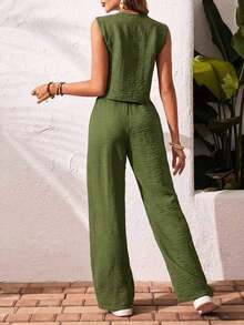 Frenchy Set de 2 piezas para mujer de top sin mangas y pantalones de estilo casual con un solo botón, para verano - Verde militar - Ver 2