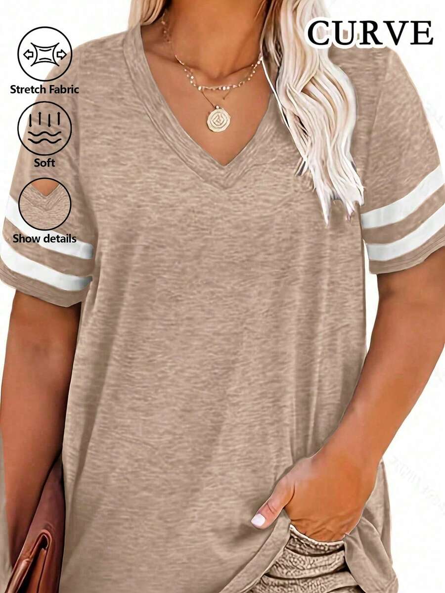 Plus Size Women V-Neck Striped Casual T-Shirt - Khaki - View 1