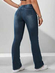 ICON Pantalones vaqueros de tiro bajo casuales y ajustados con pierna campana y efecto desgastado para mujer - Azul lavado oscuro 2 - Ver 2