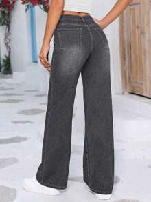 Jeans rectos y sueltos para mujer con bolsillos, pantalones vaqueros de mezclilla lavada minimalista y casual, adecuados para el uso en verano y esenciales para el otoño, la primavera y las vacaciones - Gris - Ver 2