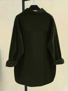 Camisa de manga larga casual de mujer de pana con bordado de letras, primavera - Verde militar - Ver 2