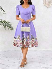 YHHSHEIN Lady Vestido de cambio con cuello de corazón con volantes y estampado floral azul eleganteYHH - Púrpura malva - Ver 1