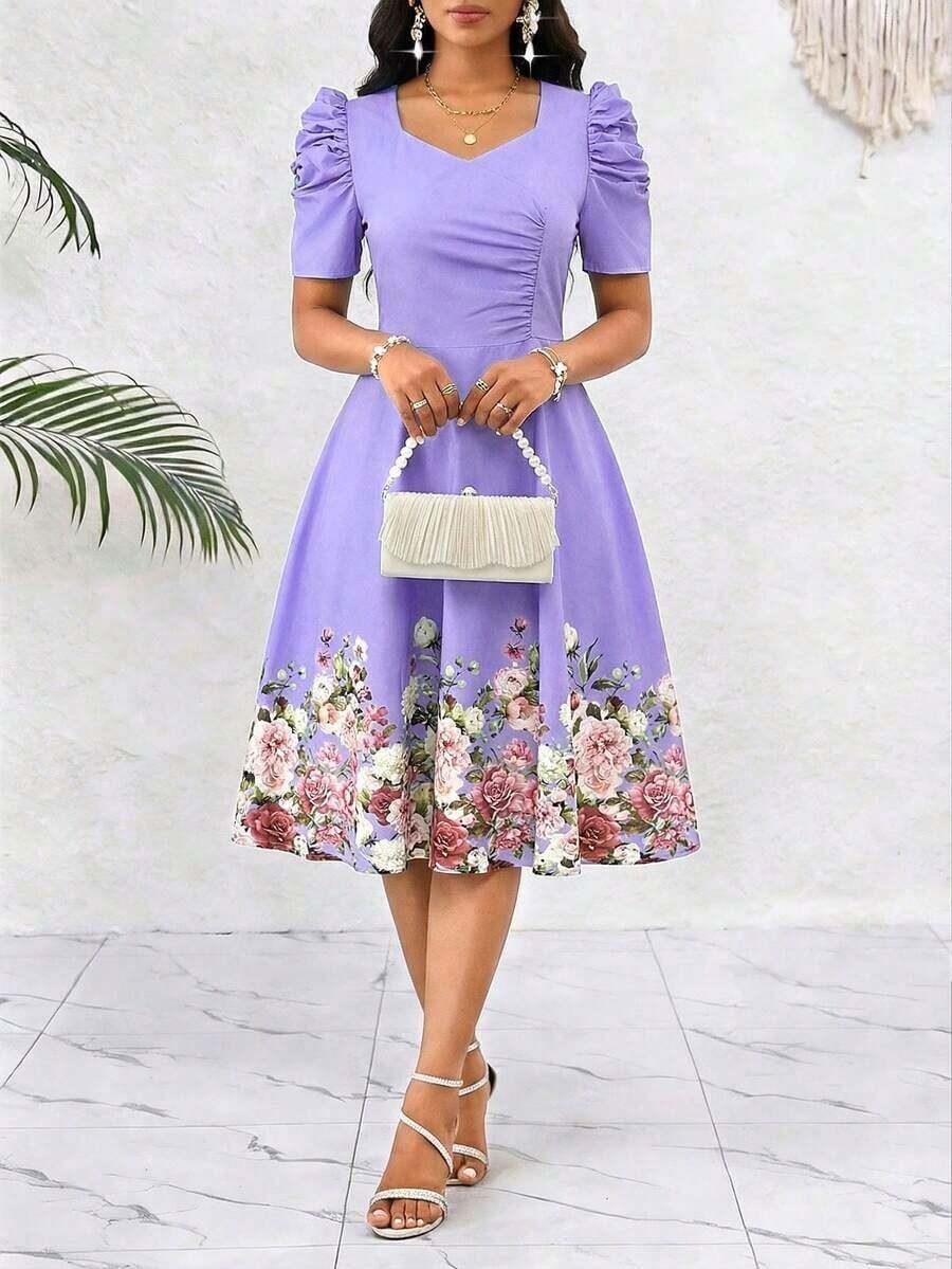 YHHSHEIN Lady Vestido de cambio con cuello de corazón con volantes y estampado floral azul eleganteYHH - Púrpura malva - Ver 1