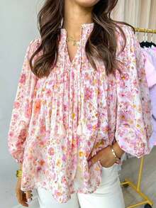 Acelitt Blusa de cuello en V con mangas de pétalo, cintura alta, estampado floral rosa y flecos, ideal para vacaciones y primavera - Rosa - Ver 10