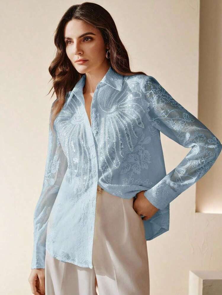 Blusa de manga larga con cuello bordado con cuentas y lentejuelas de lujo francés para mujer, estilizadora y versátil - Celeste - Añade 5