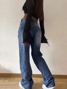 Jeans rectos holgados y apilados de estilo vintage para mujer, casuales para primavera - Azul lavado medio - Ver 2