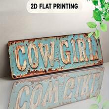 Vintage Decorative Art Style "Cowgirl" 2D Flat Sign - Distressed Turquoise & White Dual-Tone Metal Wall Decor, 40.01 X 10.01 Cm, Pre-Drilled Holes For Easy Hanging - Suitable For Bars, Restaurants, Porches, Gardens, Western-Themed Spaces, Cowboy Decor, 2D Flat Design, Perfect For Interior Decoration, 2D Flat Effect - A - View 4